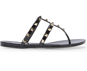 Valentino Rockstud Black Rubber Jelly Gold Spike Stud Cage Thong Flat Sandal 38
